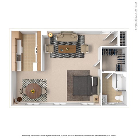A floor plan of a small apartment with a kitchen, living room, and bathroom.